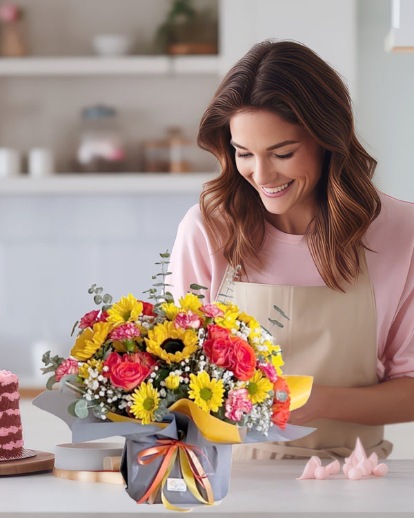 Sunshine Bliss floral arrangement featuring bright sunflowers, white daisies, and pink spray roses in an elegant vase. Perfect for birthdays and celebrations.