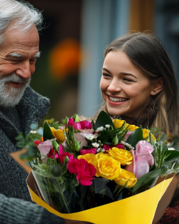 Vibrant bouquet with pink, yellow, and red roses, elegantly wrapped in yellow paper, being gifted in a heartwarming moment between loved ones. Perfect for birthdays, celebrations, and heartfelt surprises.